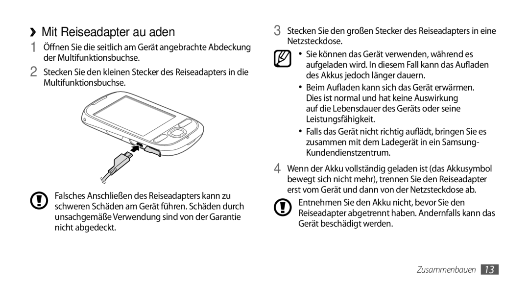 Samsung GT-I5500CWADBT, GT-I5500YKACOS, GT-I5500CWACOS, GT-I5500YKADBT manual ››Mit Reiseadapter aufladen 