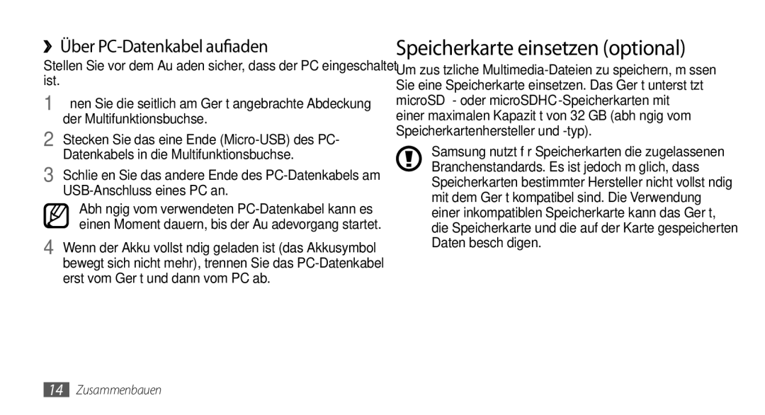 Samsung GT-I5500CWACOS, GT-I5500YKACOS, GT-I5500CWADBT manual Speicherkarte einsetzen optional, ››Über PC-Datenkabel aufladen 