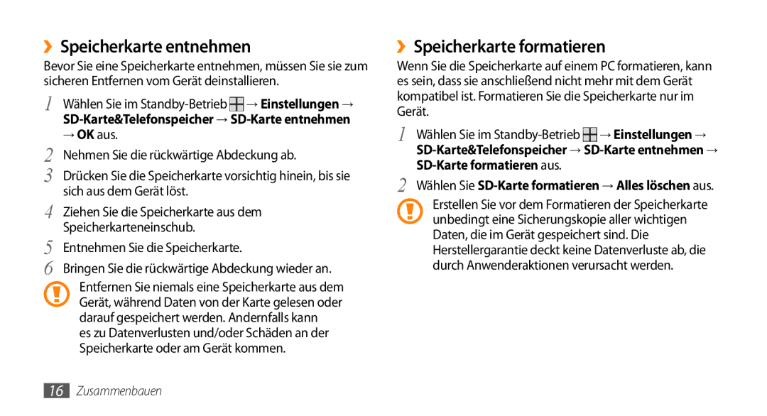 Samsung GT-I5500YKACOS, GT-I5500CWADBT ››Speicherkarte entnehmen, ››Speicherkarte formatieren, SD-Karte formatieren aus 