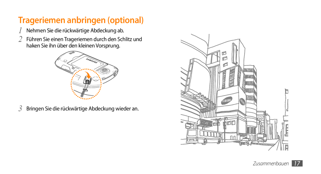 Samsung GT-I5500CWADBT, GT-I5500YKACOS manual Trageriemen anbringen optional, Nehmen Sie die rückwärtige Abdeckung ab 