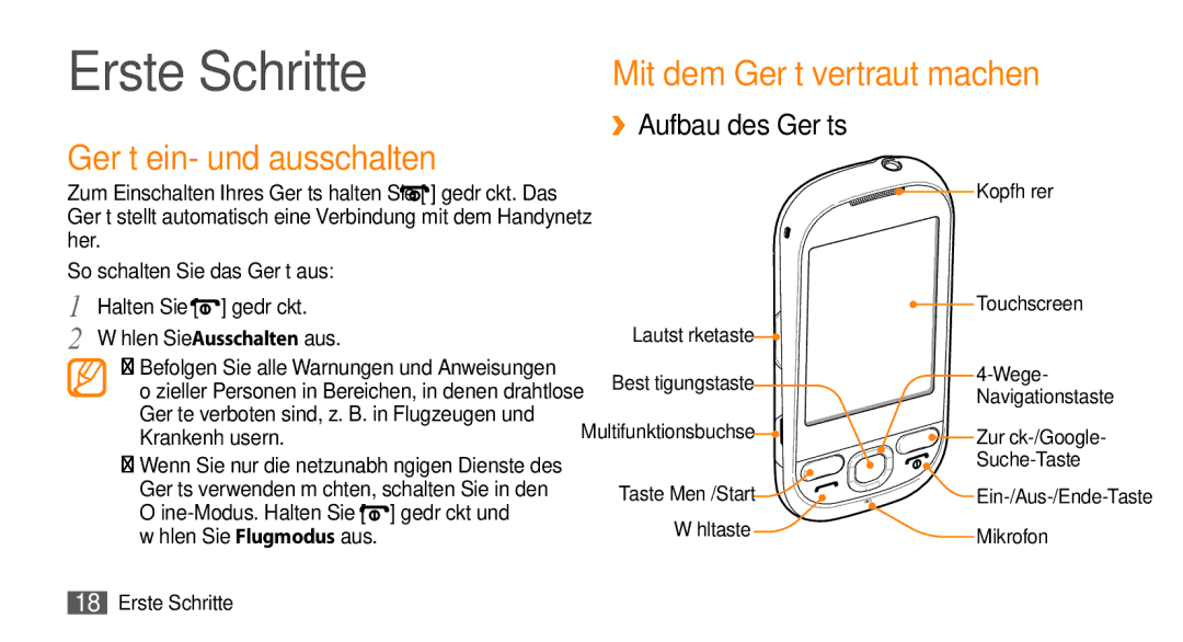 Samsung GT-I5500CWACOS Erste Schritte, Mit dem Gerät vertraut machen, Gerät ein- und ausschalten, ››Aufbau des Geräts 