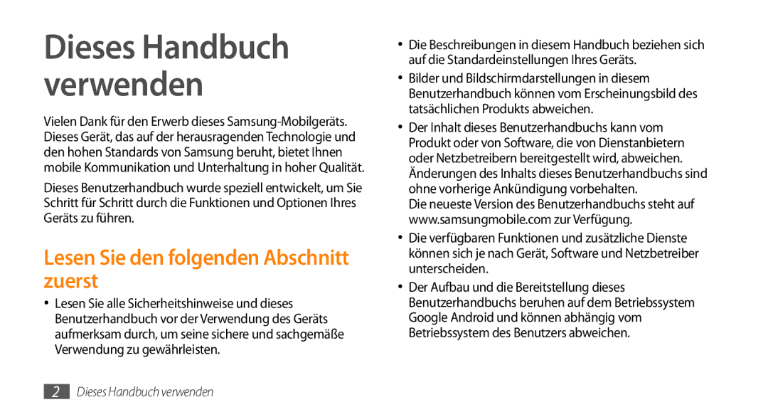 Samsung GT-I5500CWACOS, GT-I5500YKACOS, GT-I5500CWADBT Dieses Handbuch verwenden, Lesen Sie den folgenden Abschnitt zuerst 