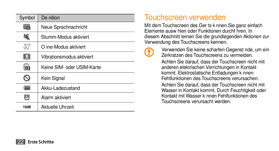 Samsung GT-I5500CWACOS, GT-I5500YKACOS, GT-I5500CWADBT, GT-I5500YKADBT manual Touchscreen verwenden, Aktuelle Uhrzeit 