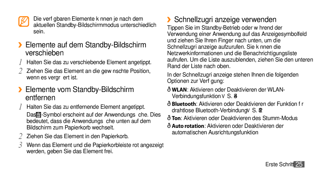 Samsung GT-I5500CWADBT manual Verschieben, Entfernen, ››Schnellzugriffanzeige verwenden, ››Elemente vom Standby-Bildschirm 