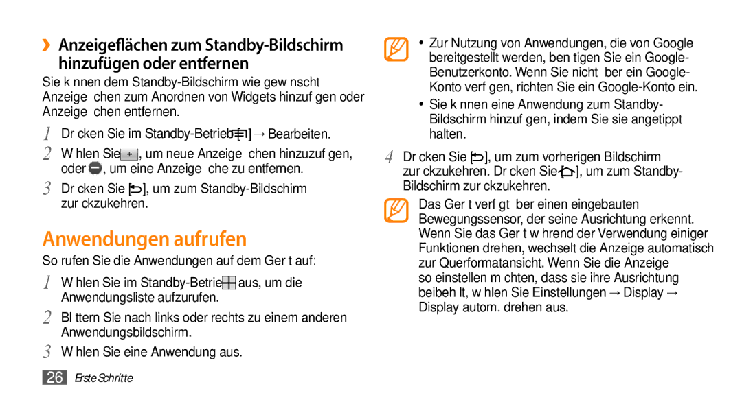 Samsung GT-I5500CWACOS manual Anwendungen aufrufen, Hinzufügen oder entfernen, ››Anzeigeflächen zum Standby-Bildschirm 