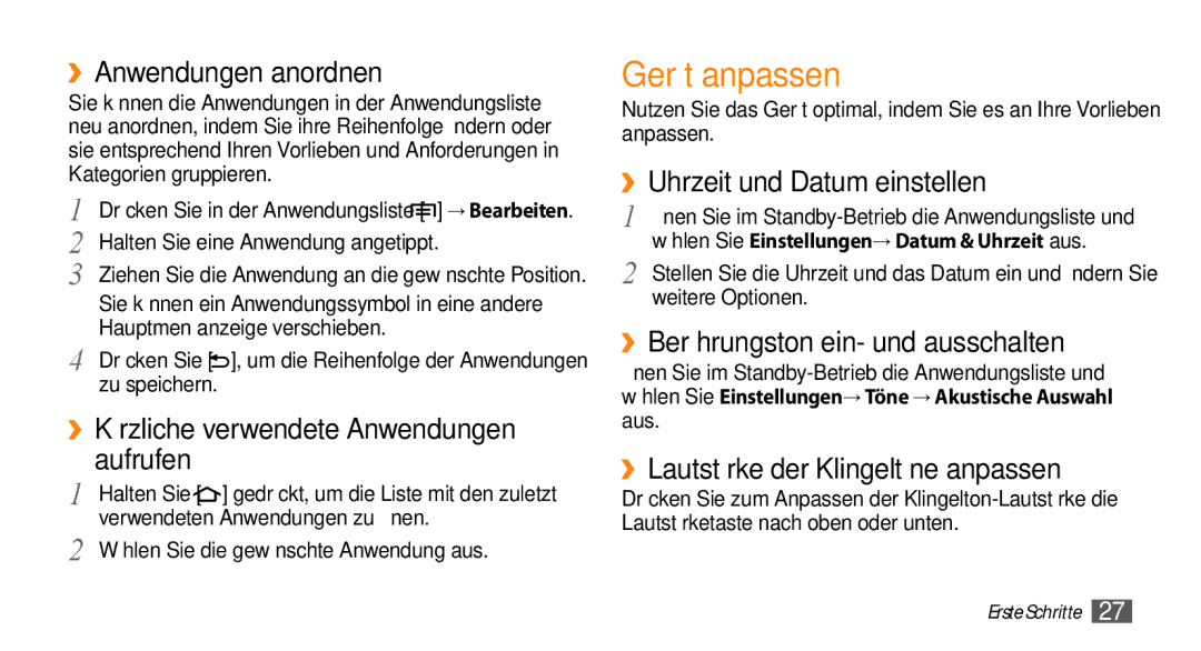 Samsung GT-I5500YKADBT, GT-I5500YKACOS manual Gerät anpassen, ››Anwendungen anordnen, ››Uhrzeit und Datum einstellen 