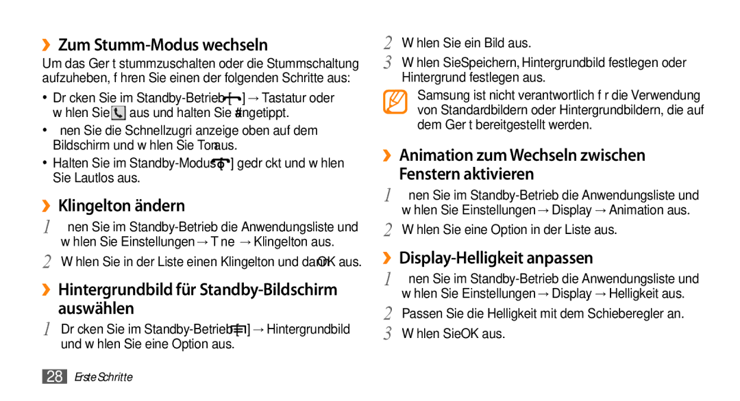 Samsung GT-I5500YKACOS ››Zum Stumm-Modus wechseln, ››Klingelton ändern, ››Hintergrundbild für Standby-Bildschirm auswählen 