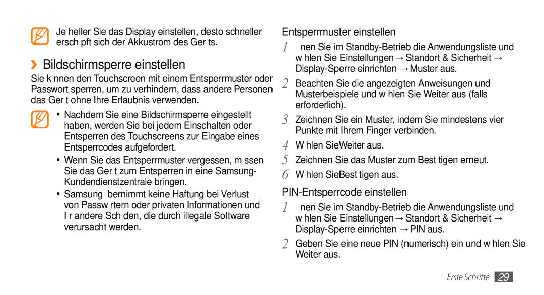 Samsung GT-I5500CWADBT, GT-I5500YKACOS manual ››Bildschirmsperre einstellen, Display-Sperre einrichten → PIN aus, Weiter aus 