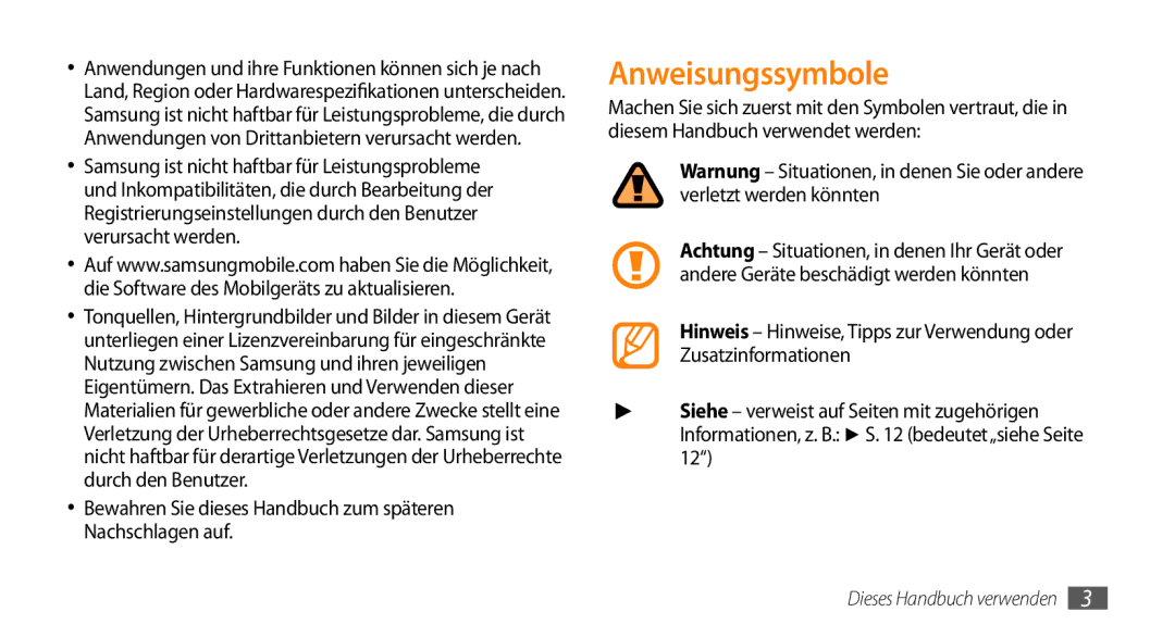 Samsung GT-I5500YKADBT, GT-I5500YKACOS manual Anweisungssymbole, Bewahren Sie dieses Handbuch zum späteren Nachschlagen auf 