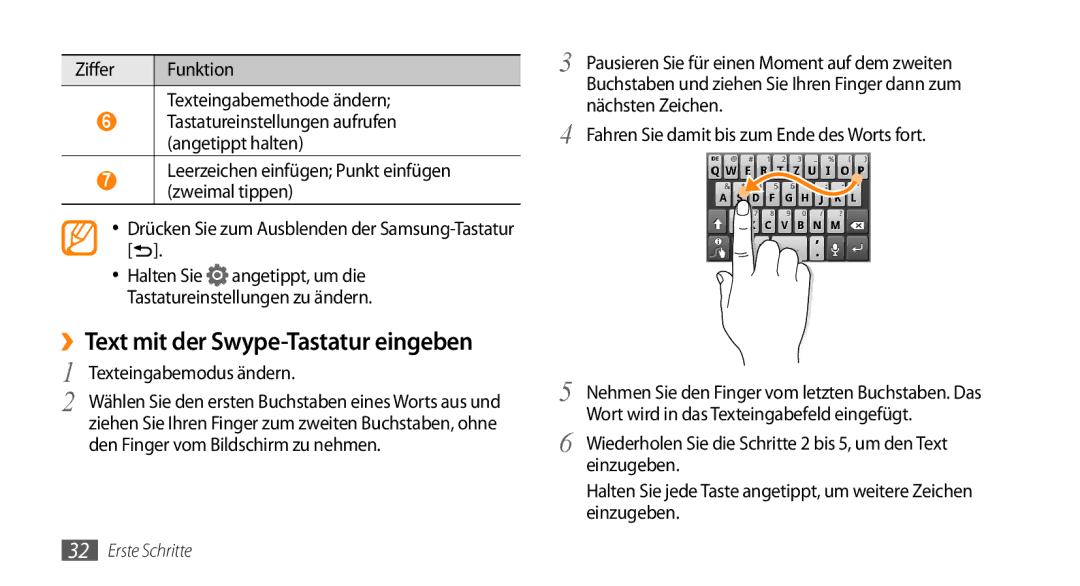 Samsung GT-I5500YKACOS, GT-I5500CWADBT ››Text mit der Swype-Tastatur eingeben, Ziffer Funktion Texteingabemethode ändern 