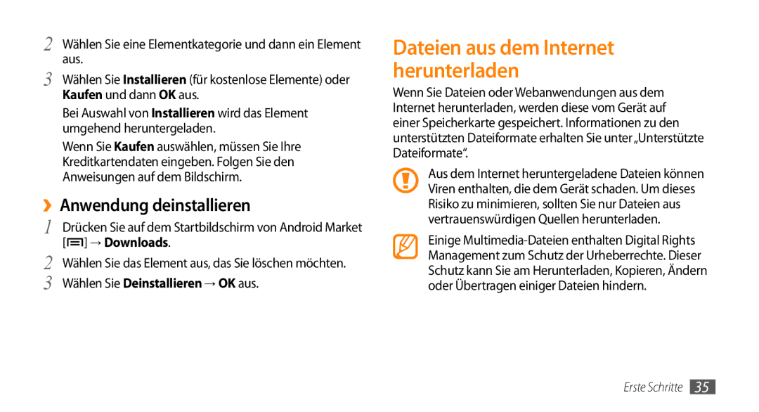 Samsung GT-I5500YKADBT, GT-I5500YKACOS manual ››Anwendung deinstallieren, → Downloads, Wählen Sie Deinstallieren → OK aus 