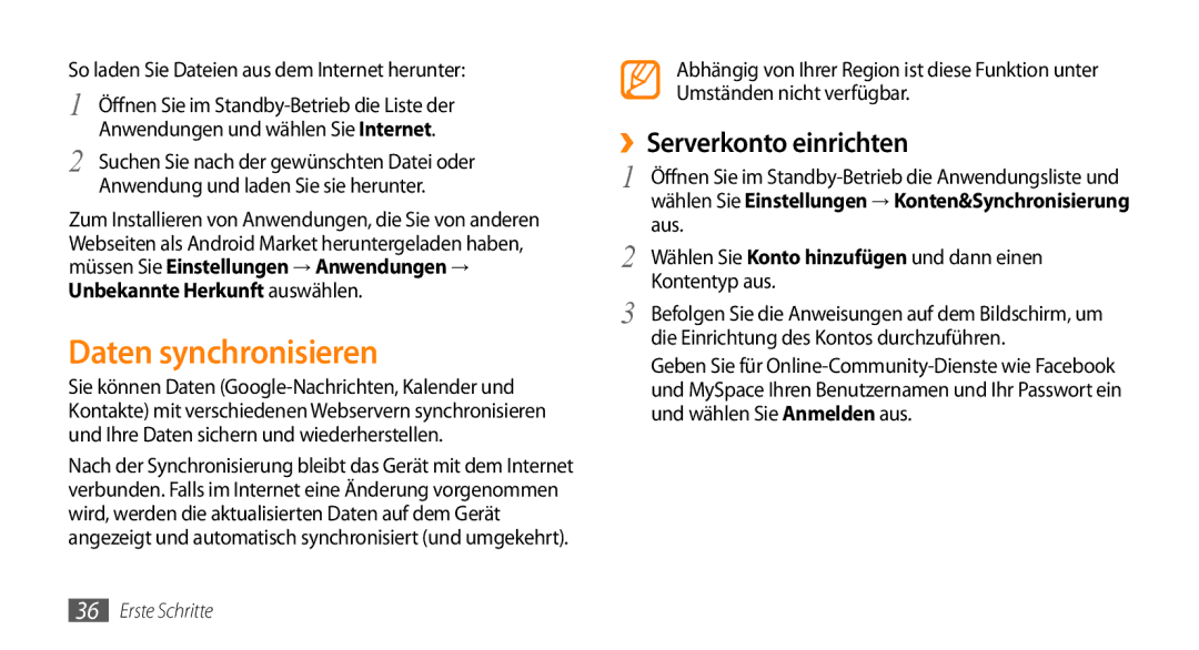 Samsung GT-I5500YKACOS Daten synchronisieren, ››Serverkonto einrichten, So laden Sie Dateien aus dem Internet herunter 