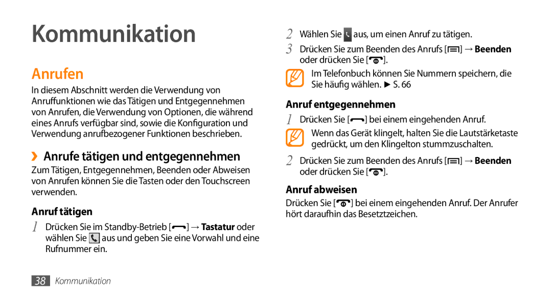 Samsung GT-I5500CWACOS, GT-I5500YKACOS, GT-I5500CWADBT manual Kommunikation, Anrufen, ››Anrufe tätigen und entgegennehmen 