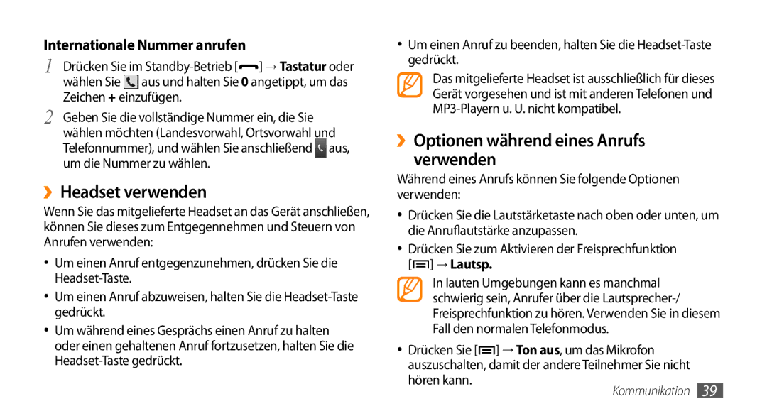 Samsung GT-I5500YKADBT manual ››Headset verwenden, ››Optionen während eines Anrufs verwenden, Zeichen + einzufügen 