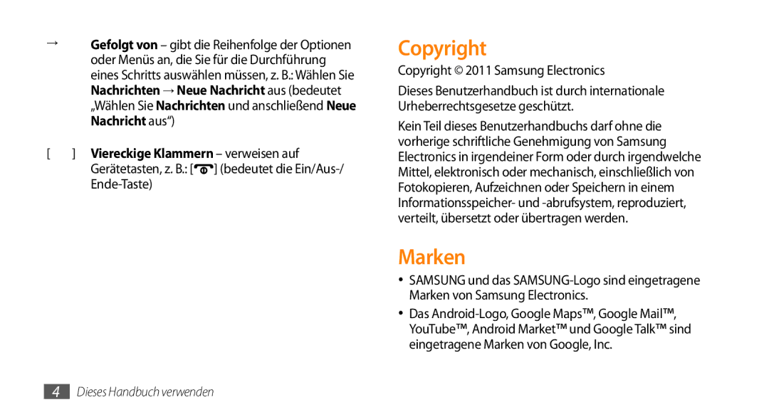 Samsung GT-I5500YKACOS, GT-I5500CWADBT, GT-I5500CWACOS manual Marken, Ende-Taste, Copyright 2011 Samsung Electronics 