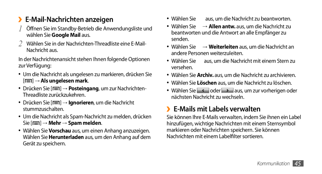 Samsung GT-I5500CWADBT, GT-I5500YKACOS, GT-I5500CWACOS manual ››E-Mail-Nachrichten anzeigen, ››E-Mails mit Labels verwalten 