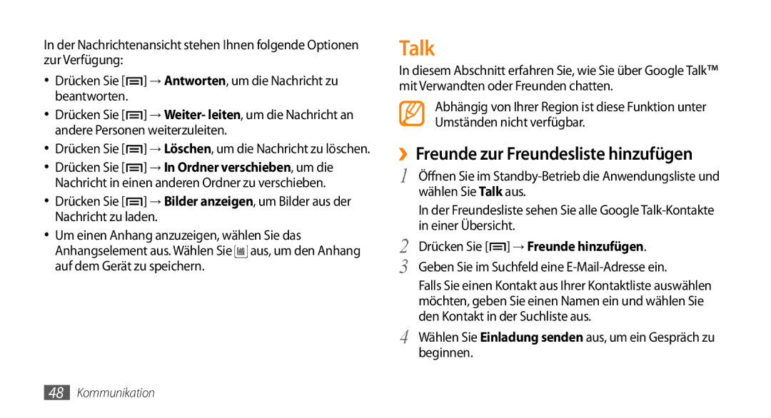 Samsung GT-I5500YKACOS, GT-I5500CWADBT, GT-I5500CWACOS, GT-I5500YKADBT manual Talk, ››Freunde zur Freundesliste hinzufügen 