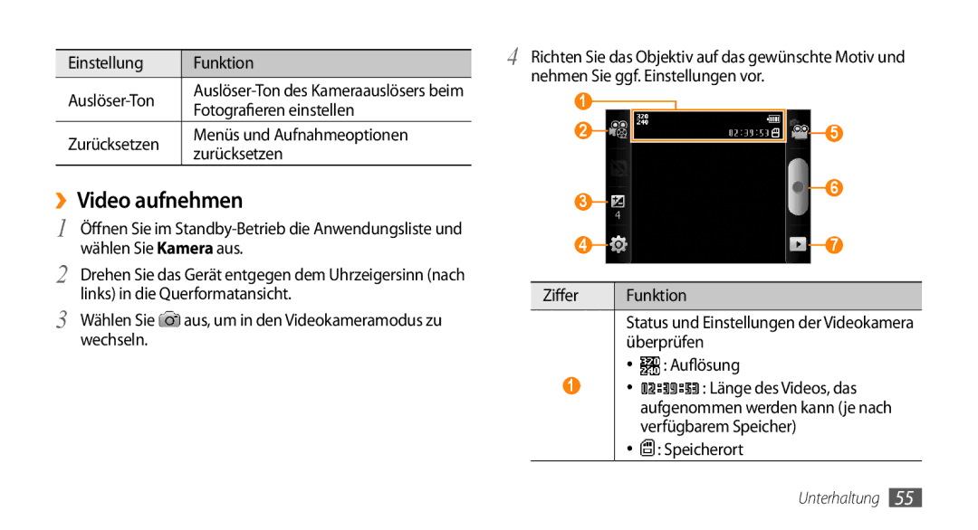 Samsung GT-I5500YKADBT, GT-I5500YKACOS, GT-I5500CWADBT, GT-I5500CWACOS manual ››Video aufnehmen 