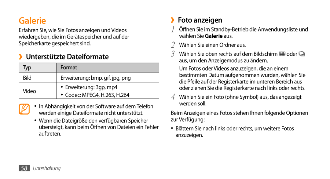 Samsung GT-I5500CWACOS, GT-I5500YKACOS, GT-I5500CWADBT manual Galerie, ››Unterstützte Dateiformate, ››Foto anzeigen, Oder 