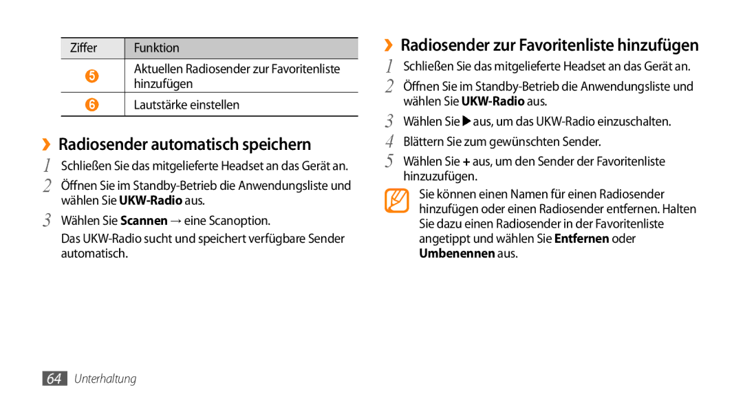 Samsung GT-I5500YKACOS, GT-I5500CWADBT ››Radiosender automatisch speichern, ››Radiosender zur Favoritenliste hinzufügen 