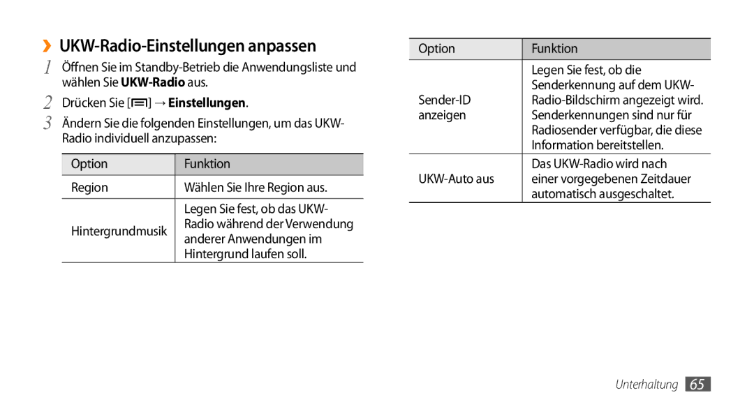 Samsung GT-I5500CWADBT, GT-I5500YKACOS, GT-I5500CWACOS, GT-I5500YKADBT manual ››UKW-Radio-Einstellungen anpassen 