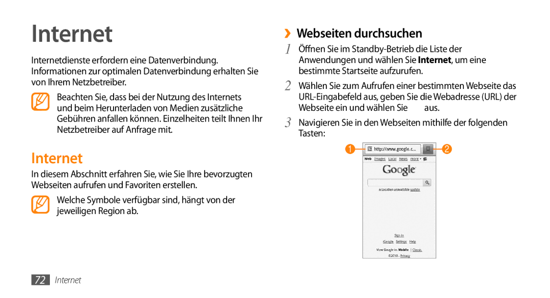 Samsung GT-I5500YKACOS, GT-I5500CWADBT manual Internet, ››Webseiten durchsuchen, Öffnen Sie im Standby-Betrieb die Liste der 