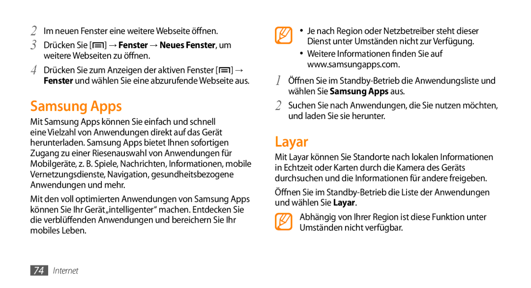 Samsung GT-I5500CWACOS, GT-I5500YKACOS, GT-I5500CWADBT, GT-I5500YKADBT manual Samsung Apps, Layar, Weitere Webseiten zu öffnen 