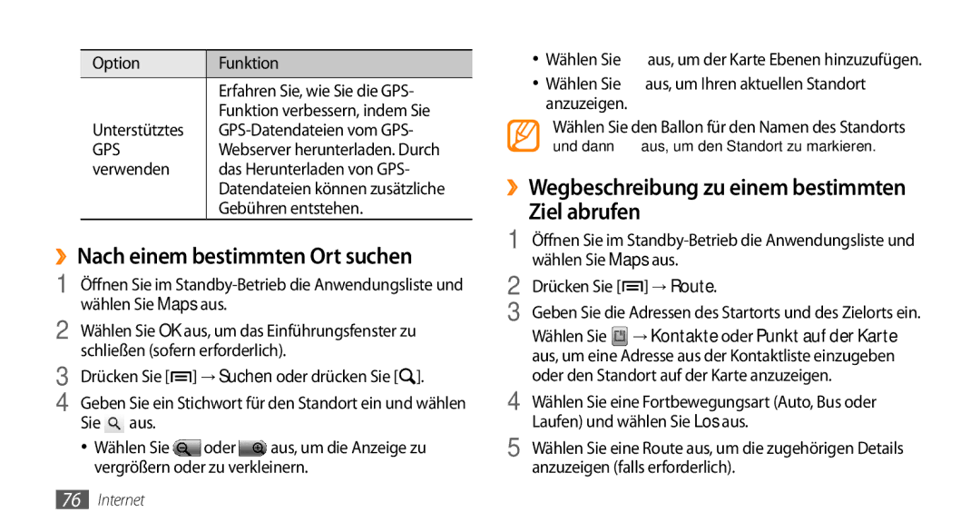 Samsung GT-I5500YKACOS manual ››Nach einem bestimmten Ort suchen, Ziel abrufen, ››Wegbeschreibung zu einem bestimmten 