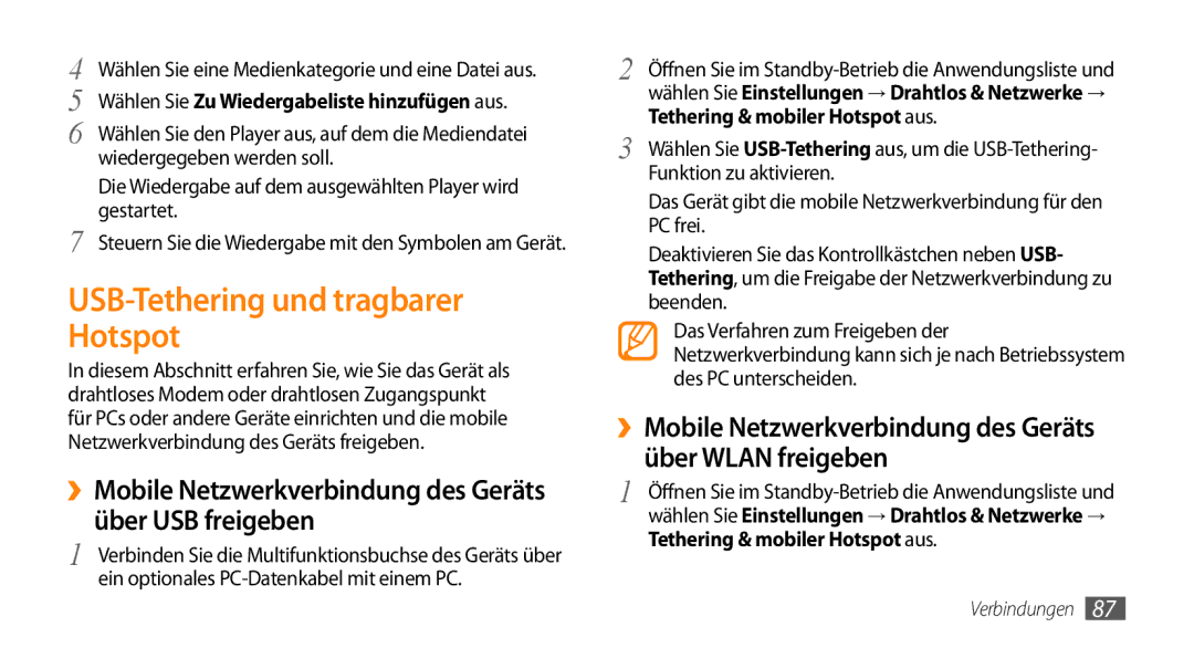 Samsung GT-I5500YKADBT USB-Tethering und tragbarer Hotspot, ››Mobile Netzwerkverbindung des Geräts über USB freigeben 