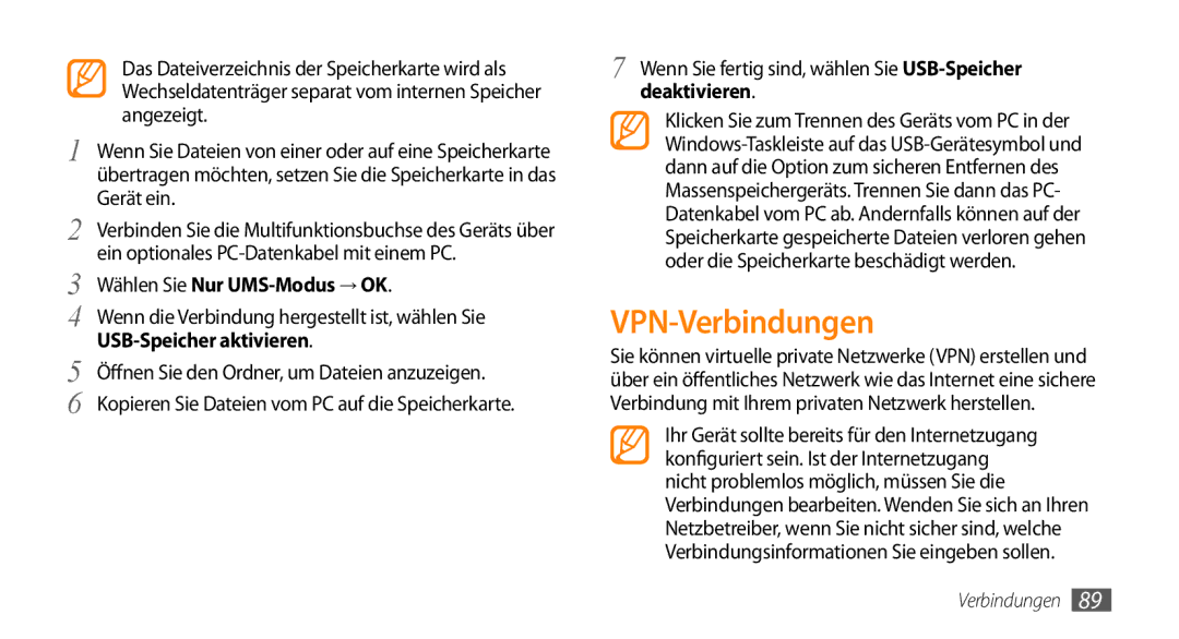 Samsung GT-I5500CWADBT, GT-I5500YKACOS, GT-I5500CWACOS manual VPN-Verbindungen, Wählen Sie Nur UMS-Modus → OK, Deaktivieren 