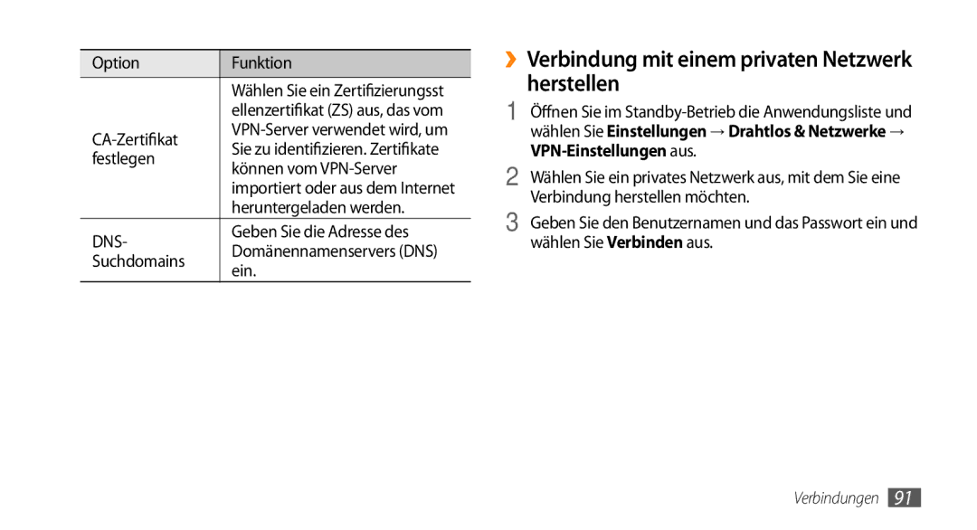 Samsung GT-I5500YKADBT, GT-I5500YKACOS manual ››Verbindung mit einem privaten Netzwerk herstellen, VPN-Einstellungen aus 