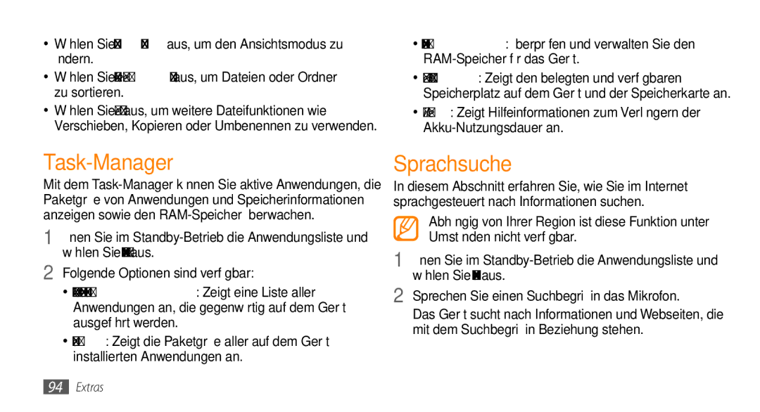 Samsung GT-I5500CWACOS, GT-I5500YKACOS manual Task-Manager, Sprachsuche, Sprechen Sie einen Suchbegriff in das Mikrofon 