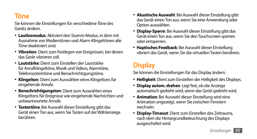 Samsung GT-I5500YKADBT, GT-I5500YKACOS, GT-I5500CWADBT manual Töne, Sie können die Einstellungen für das Display ändern 