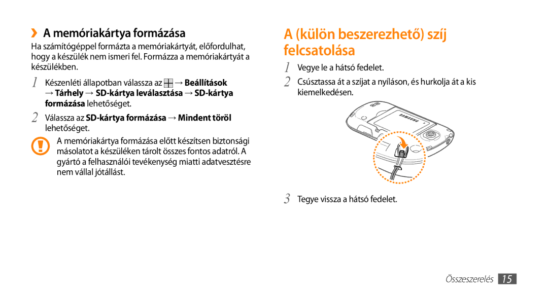 Samsung GT-I5500YKAHAT ››A memóriakártya formázása, Formázása lehetőséget, Kiemelkedésen Tegye vissza a hátsó fedelet 