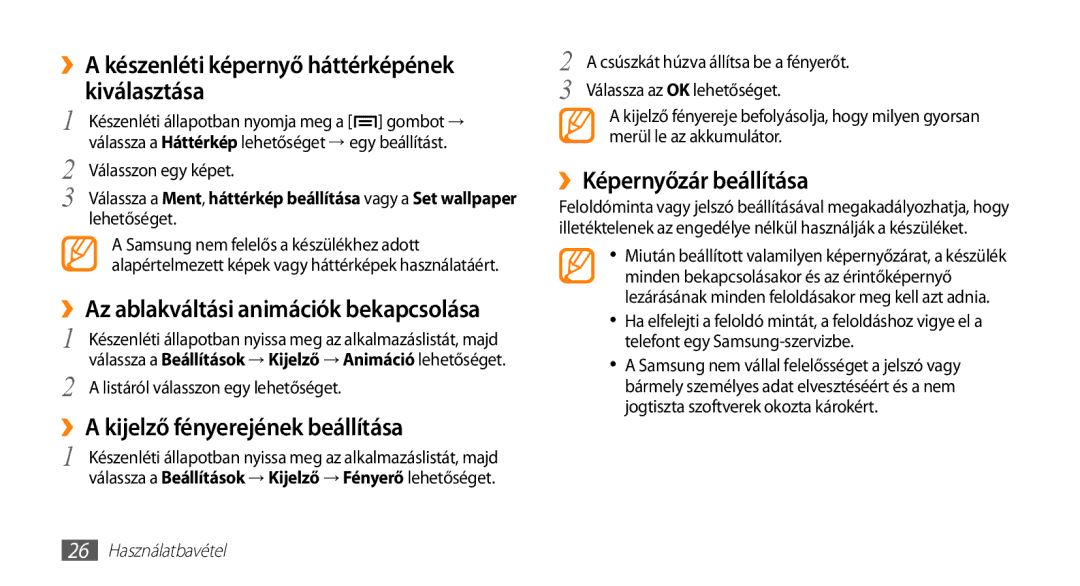 Samsung GT-I5500YKAWIN manual ››A készenléti képernyő háttérképének kiválasztása, ››Az ablakváltási animációk bekapcsolása 
