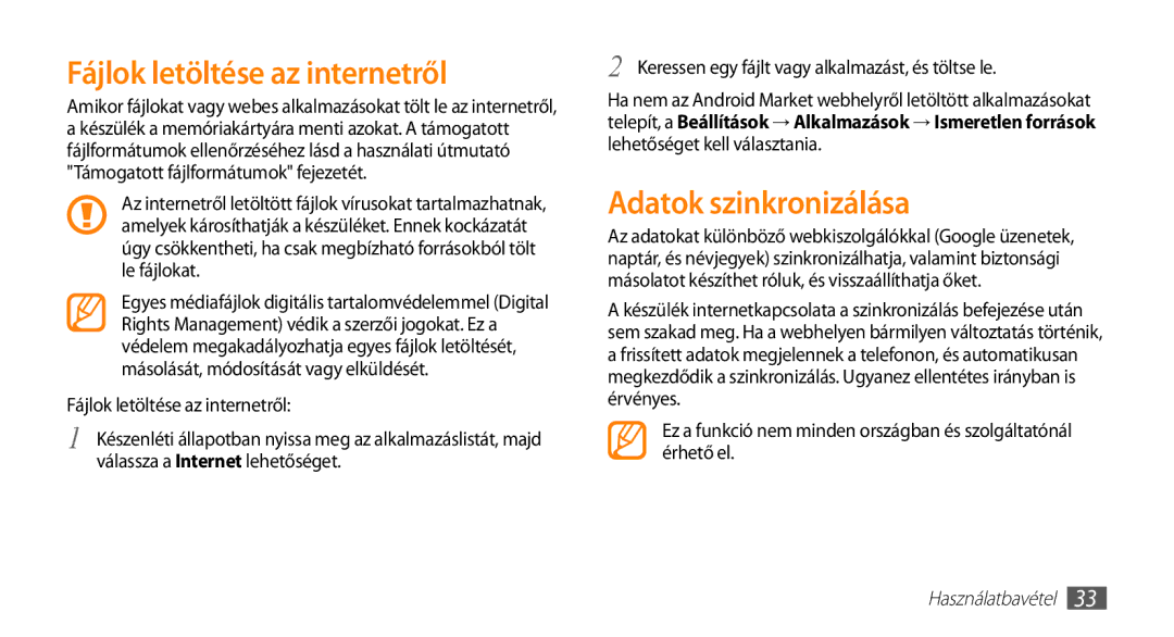 Samsung GT-I5500YKAIRD, GT-I5500YKACOS, GT-I5500CWADBT manual Fájlok letöltése az internetről, Adatok szinkronizálása 