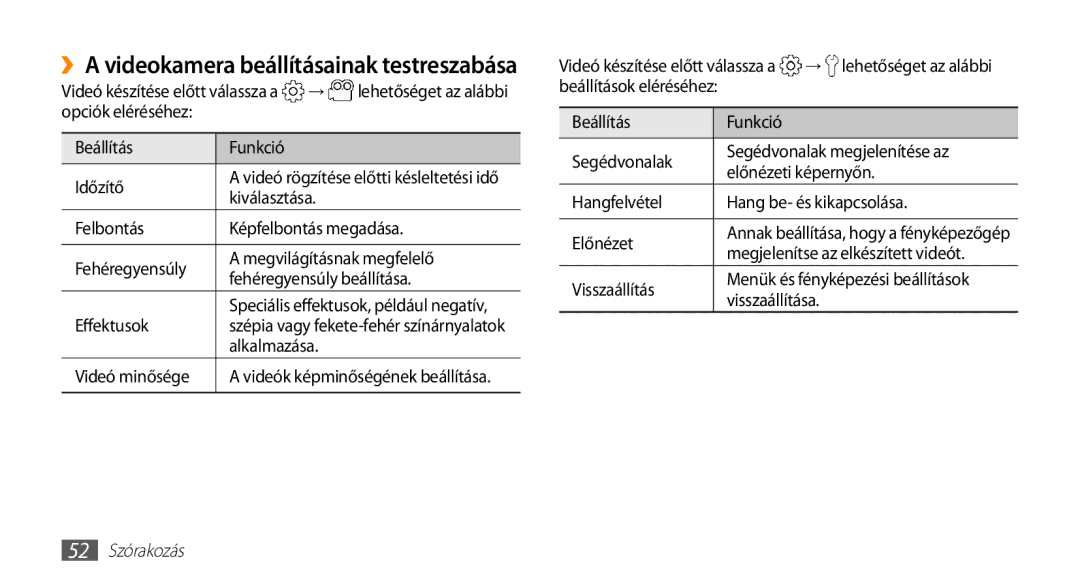 Samsung GT-I5500CWBITV, GT-I5500YKACOS, GT-I5500CWADBT manual ››A videokamera beállításainak testreszabása, 52 Szórakozás 