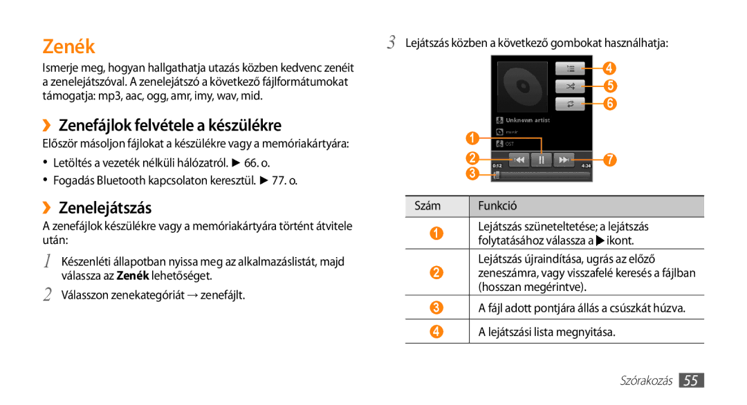 Samsung GT-I5500YKAVVT, GT-I5500YKACOS, GT-I5500CWADBT manual Zenék, ››Zenefájlok felvétele a készülékre, ››Zenelejátszás 