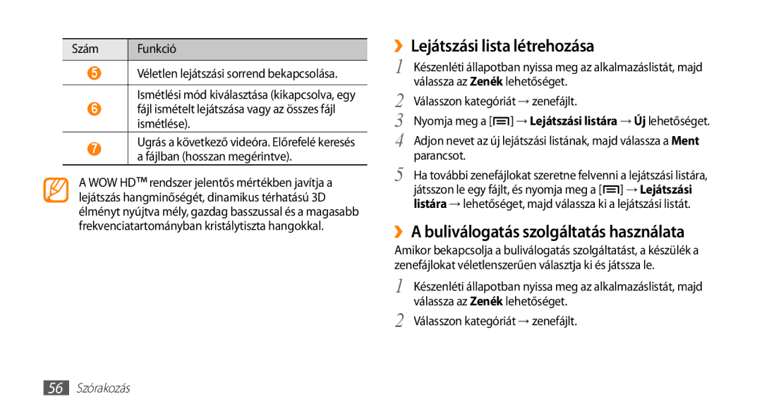 Samsung GT-I5500CWABGL manual ››Lejátszási lista létrehozása, ››A buliválogatás szolgáltatás használata, 56 Szórakozás 