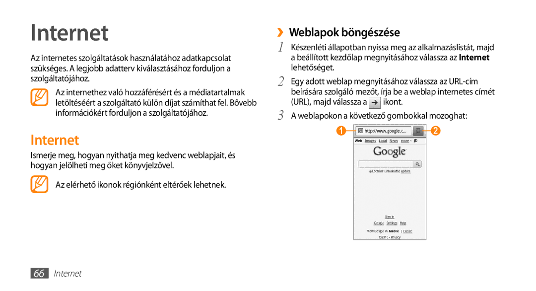 Samsung GT-I5500YKATCL, GT-I5500YKACOS, GT-I5500CWADBT, GT-I5500CWACOS, GT-I5500YKAWIN manual Internet, ››Weblapok böngészése 