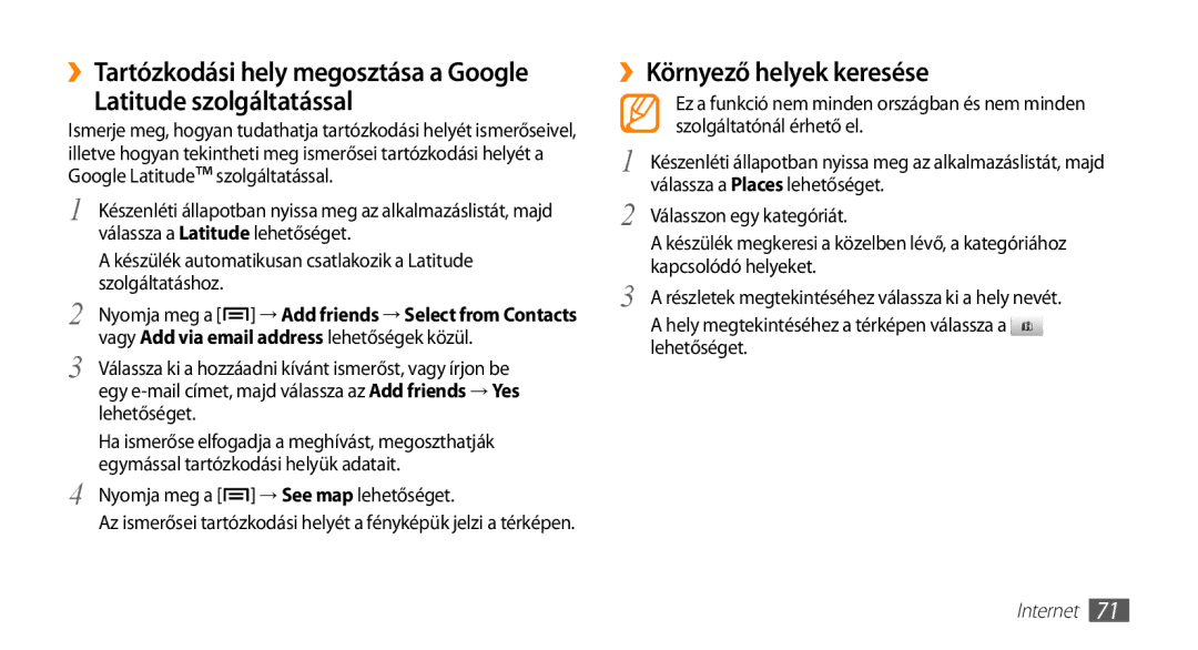 Samsung GT-I5500YKACOS, GT-I5500CWADBT, GT-I5500CWACOS, GT-I5500YKAWIN, GT-I5500YKATPH manual ››Környező helyek keresése 