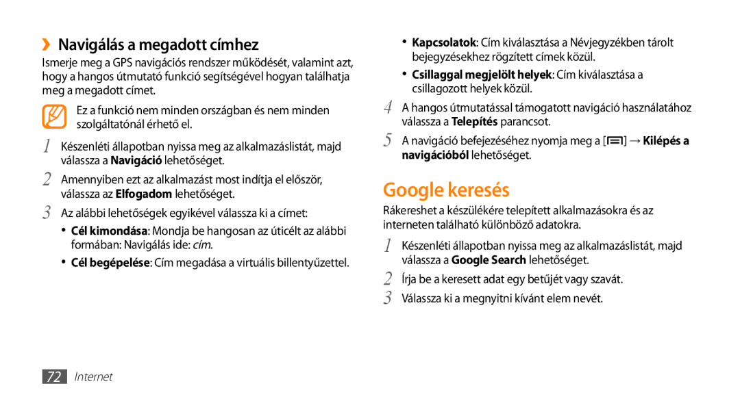 Samsung GT-I5500CWADBT, GT-I5500YKACOS, GT-I5500CWACOS, GT-I5500YKAWIN manual Google keresés, ››Navigálás a megadott címhez 