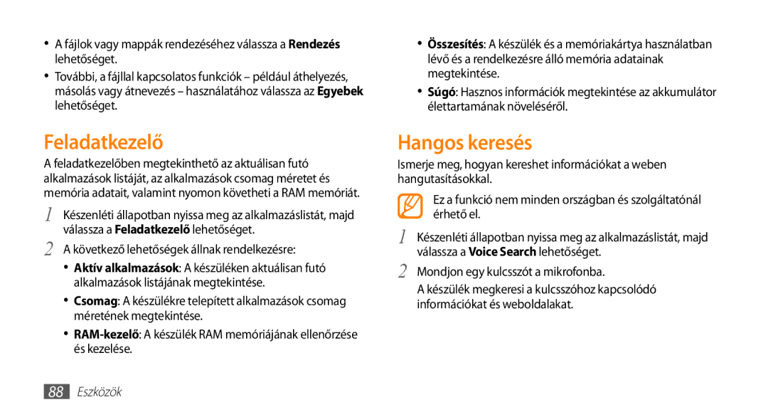 Samsung GT-I5500YKAXEH, GT-I5500YKACOS manual Feladatkezelő, Hangos keresés, Következő lehetőségek állnak rendelkezésre 