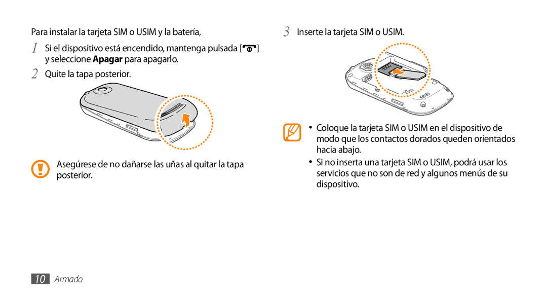 Samsung GT-I5500YKAFOP Inserte la tarjeta SIM o Usim, Seleccione Apagar para apagarlo Quite la tapa posterior, Hacia abajo 