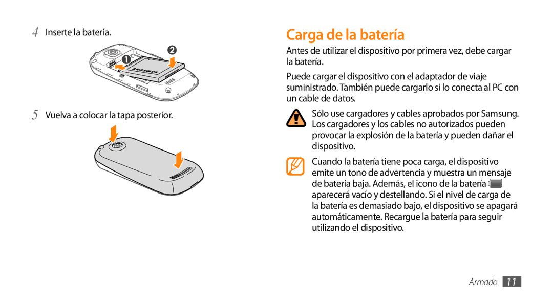 Samsung GT-I5500CWAFOP, GT-I5500YKAFOP manual Carga de la batería, Inserte la batería Vuelva a colocar la tapa posterior 