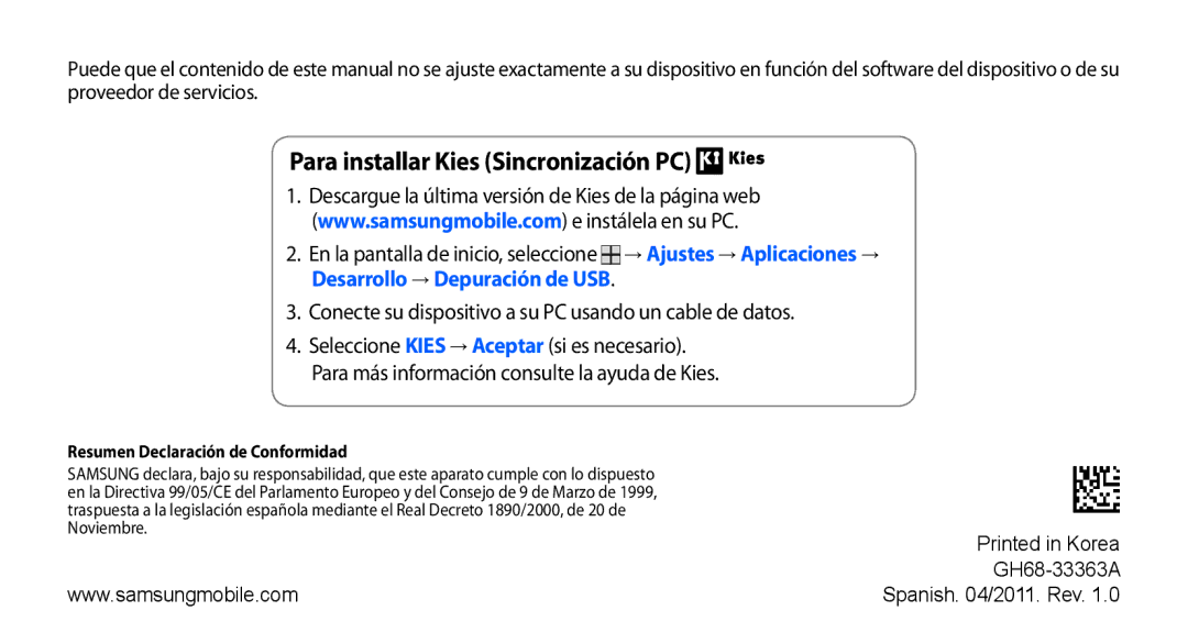 Samsung GT-I5500YKAFOP, GT-I5500CWAFOP manual Para installar Kies Sincronización PC, Resumen Declaración de Conformidad 