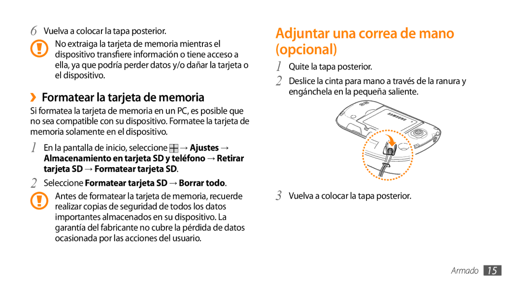 Samsung GT-I5500CWAFOP, GT-I5500YKAFOP manual Adjuntar una correa de mano opcional, ››Formatear la tarjeta de memoria 