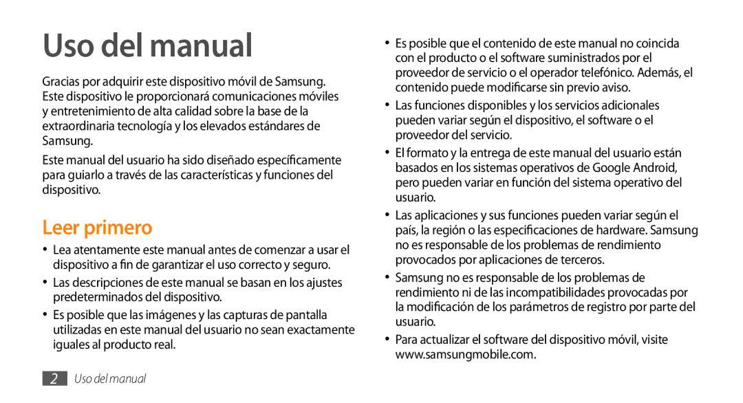 Samsung GT-I5500YKAFOP, GT-I5500CWAFOP Uso del manual, Leer primero 