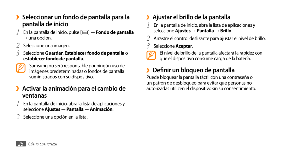 Samsung GT-I5500YKAFOP manual ››Activar la animación para el cambio de ventanas, ››Ajustar el brillo de la pantalla 