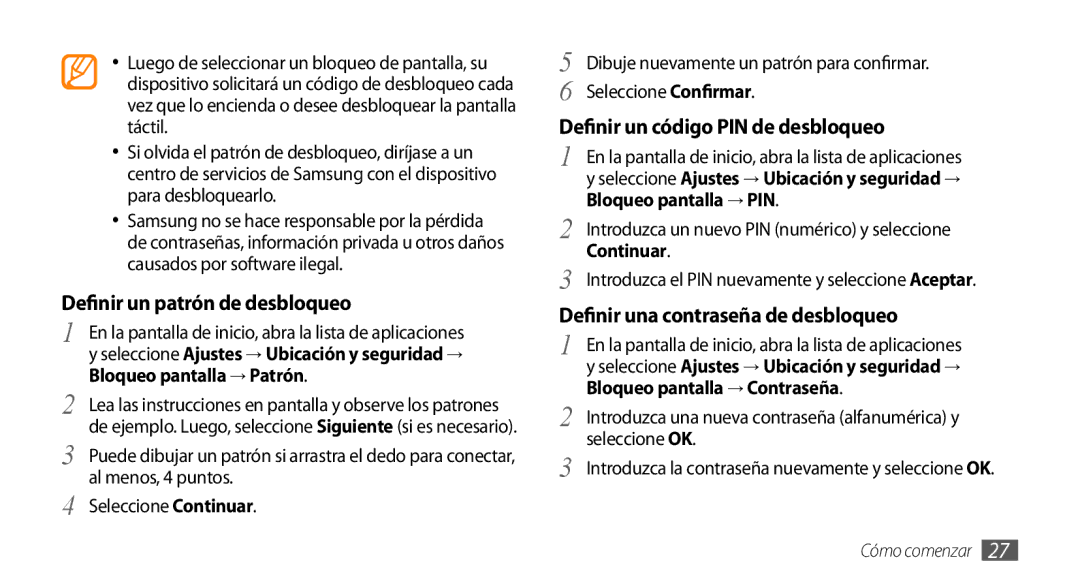 Samsung GT-I5500CWAFOP manual Seleccione Confirmar, Bloqueo pantalla → PIN, Continuar, Bloqueo pantalla → Contraseña 